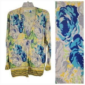 Anthropologie Sparrow Blue Floral Yellow Cardigan Sweater Women's XL Pockets